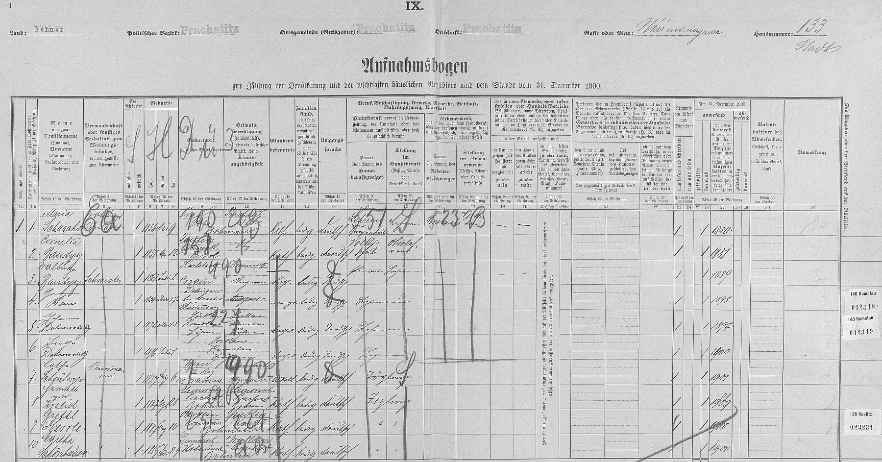 Arch sčítání lidu z roku 1900 pro dům čp. 133 v Prachaticích