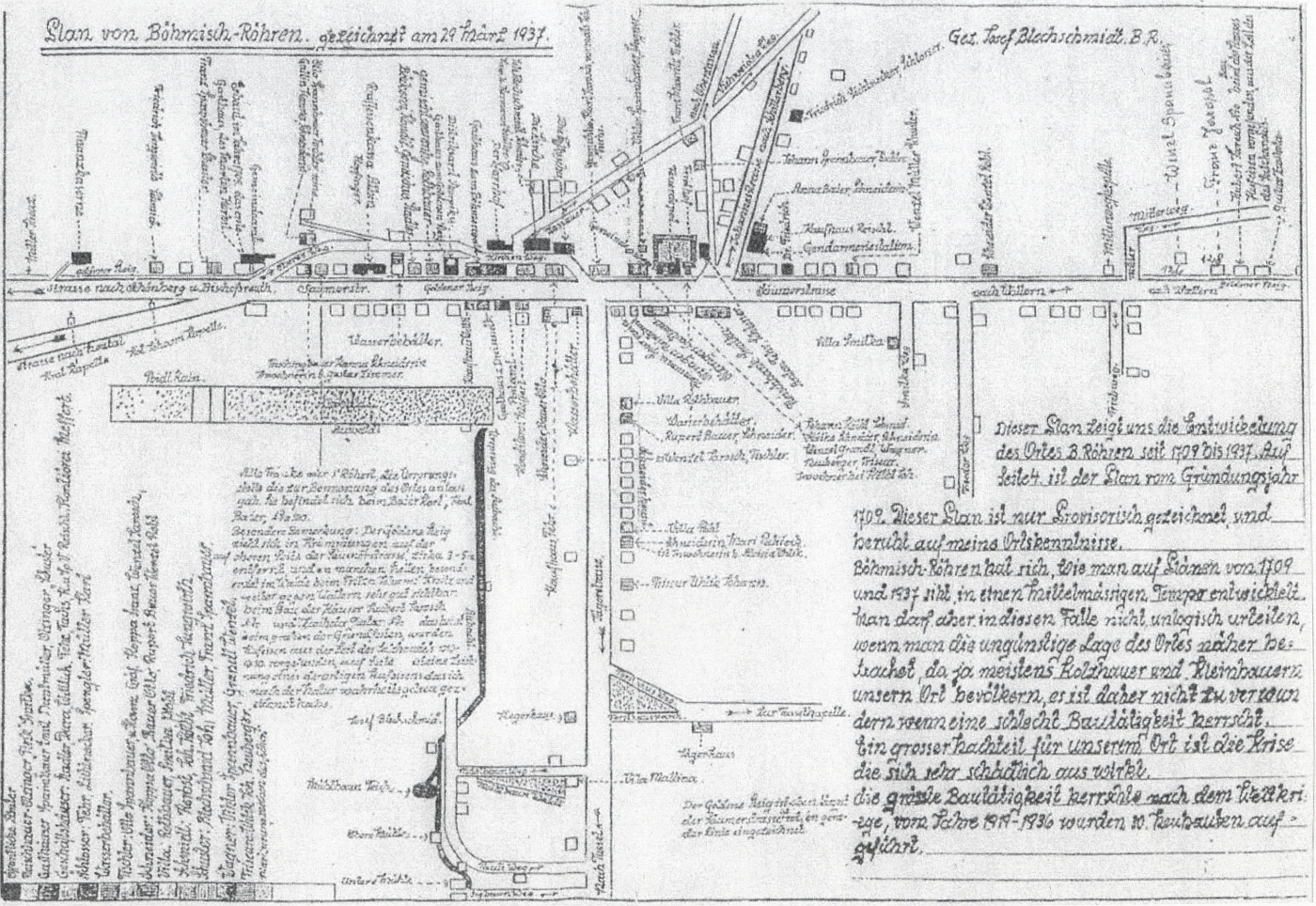 Plán obce České Žleby, jak ho 29. března 1937 "provizorně" pořídil na něm i podepsaný Josef Blechschmidt