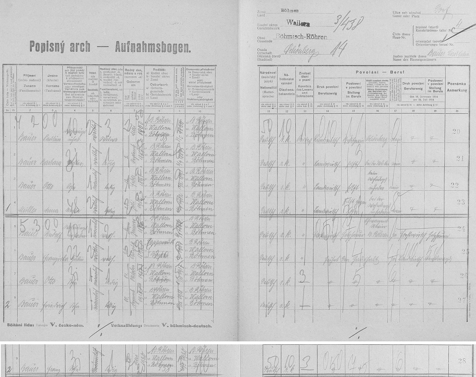 Arch sčítání lidu z roku 1921 pro stavení čp. 4 v Krásné Hoře