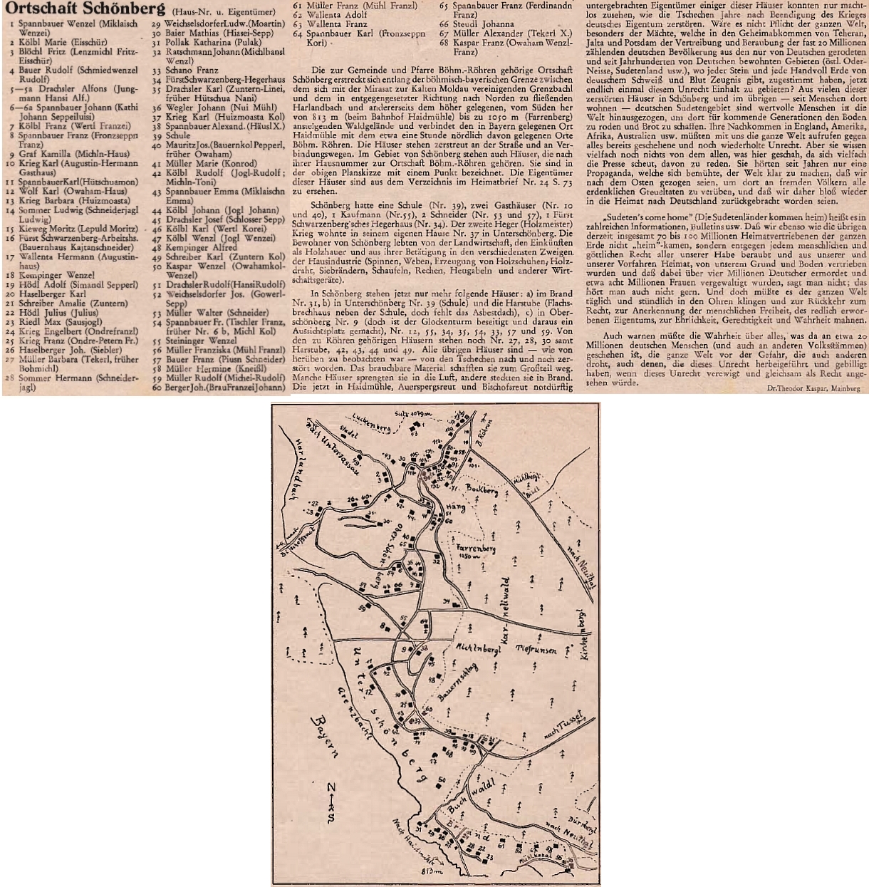 Plánek osady Krásná Hora se seznamem obyvatel, jak jej publikoval Theodor Kaspar na stránkách krajanského časopisu