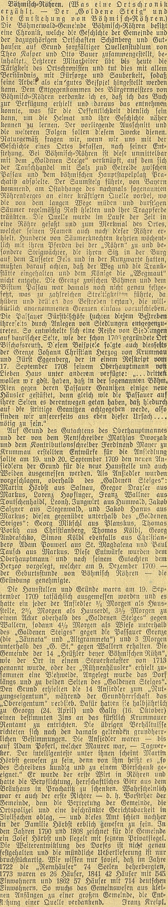 Článek Franze Kreipla v českobudějovickém německém listu, čerpající z kroniky vedené Theodorem Kasparem a Otto Bauerem, vyšel o roku později i v časopise Mein Böhmerwald