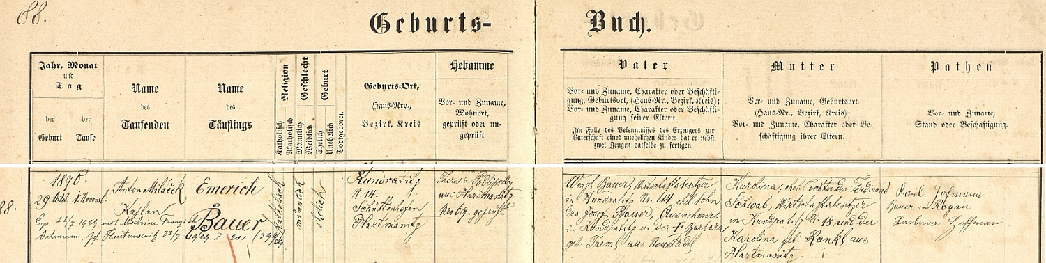 Záznam o jeho narození v mouřenecké křestní matrice s přípisem o svatbě