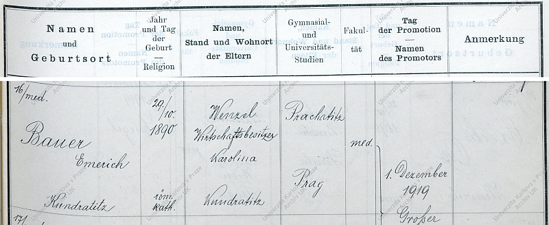 Záznam v matrice doktorů pražské německé univerzity