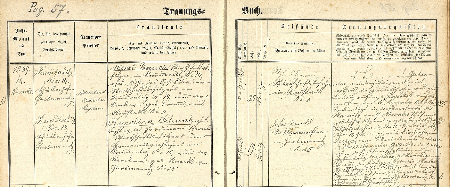 Záznam o svatbě rodičů (viz i Wilhelm Bauer)