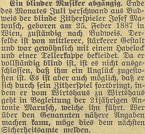 O tom, že se slepý citerista Matousch v Českých Budějovicích pohřešuje, psal Budweiser Zeitung již několik dní předtím, než na to upozornil ze Stropnice děkan Bauer