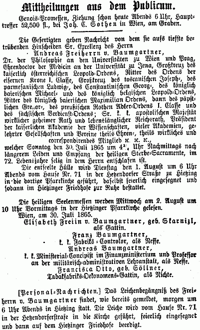 Sdělení rodiny o jeho úmrtí a zpráva o pohřbu v Hietzingu ve vídeňském tisku