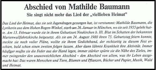 První odstavec jejího nekrologu od Renate Serwuschokové
ve čtvrtletníku Der Bayerwald