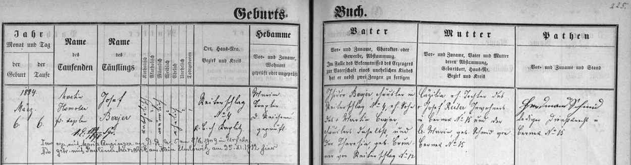 Záznam v matrice farní obce Rychnůvek o jeho narození chalupníku Isidoru Bayerovi (synu Martina Bayera na témže stavení čp. 4 v Reiterschlagu a jeho ženy Theresie, roz. Brunnerové z téže vsi čp. 12) a Cäzilii, dceři Josefa Reitera a jeho ženy Marie, roz. Schmidové, obou z Berneku, provázený přípisem o dvou sňatcích Josefa Bayera, z nichž prvý s Marií Anzingerovou z Německého Rychnova (tj. dnes zaniklého Rychnůvku) čp. 5 se konal v červnu roku 1909 v Urfahru (dnes část Lince), druhý pak s Paulinou Marschikovou z Omleniček v listopadu 1912 zde (tj. v někdejším rychnůveckém kostele sv. Václava)