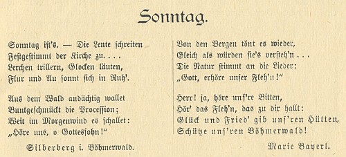 Její báseň na stránkách lednového čísla časopisu Der Böhmerwald z roku 1900 i s označením jejího bydliště