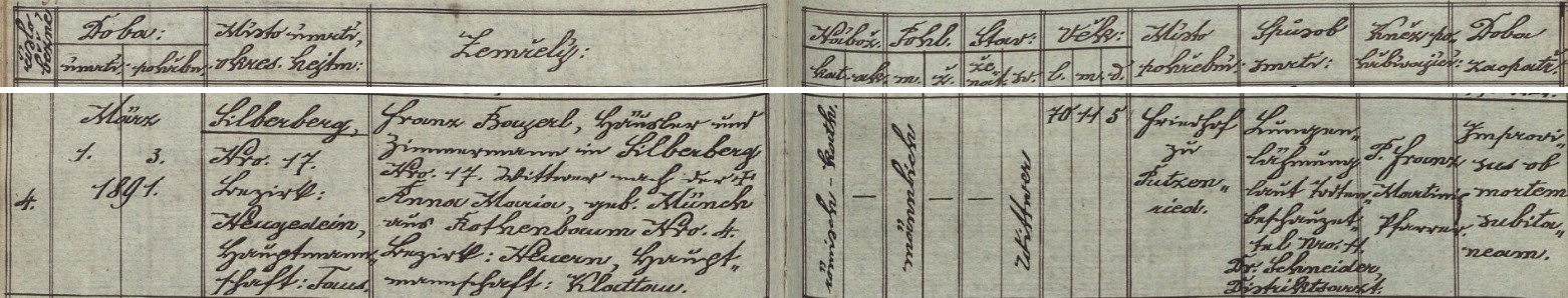 Záznam orlovické knihy zemřelých o skonu otce Franze, zde psaného Bayerl