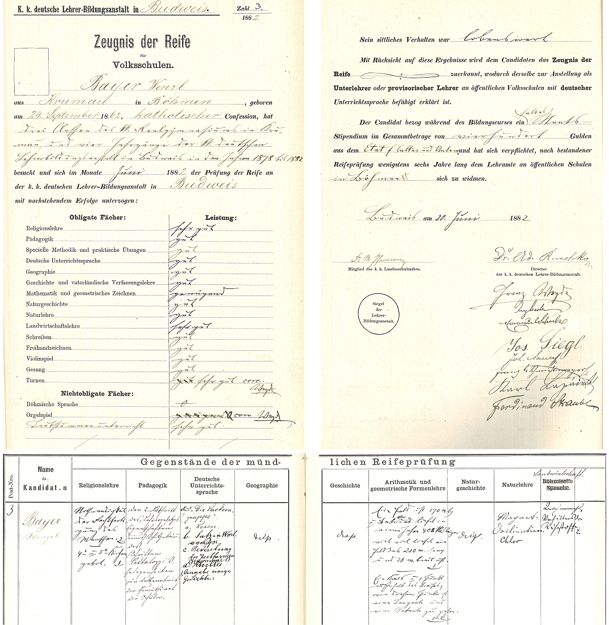 Záznamy o jeho maturitní zkoušce na českobudějovickém německém učitelském ústavu v roce 1882