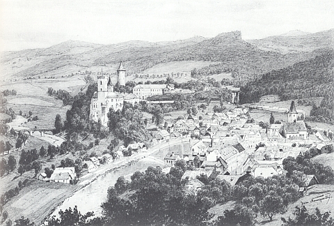 Hrad a město Rožmberk nad Vltavou na grafice Jana Nowopackého, významného rakouského krajináře své doby (žil v letech 1821-1908)