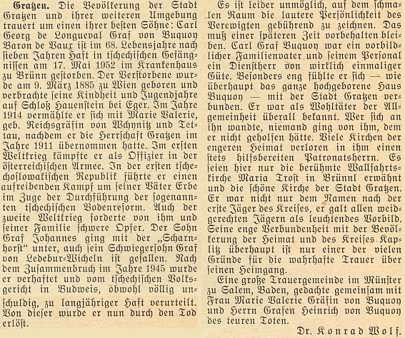 Nekrolog Carla Georga de Longueval hraběte von Buquoye barona de Vaux, který napsal Dr. Konrad Wolf do červencového čísla krajanského měsíčníku po úmrtí posledního pána na Rožmberku v brněnské nemocnici 17. května téhož roku 1952 po sedmi letech vězení