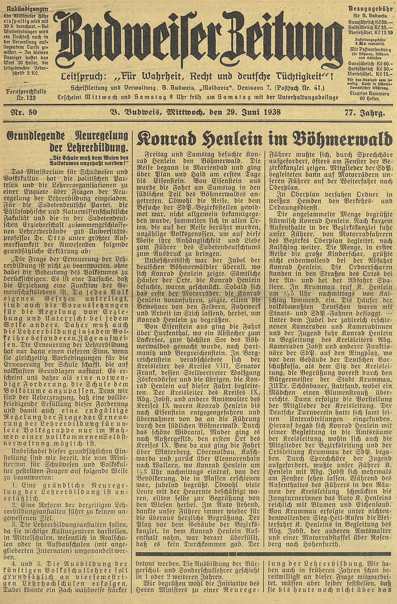 Titulní stránka českobudějovického německého listu se zprávou o Henleinově návštěvě Šumavy v červnu osudného roku 1938