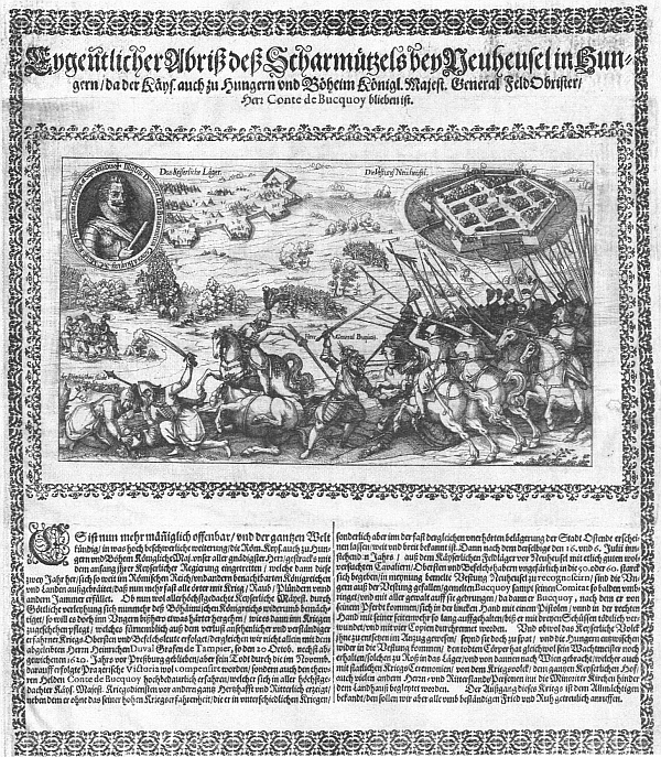 Zpráva o smrti Karla Bonaventury Buquoye na soudobém tištěném letáku, který se šířil po celé Evropě