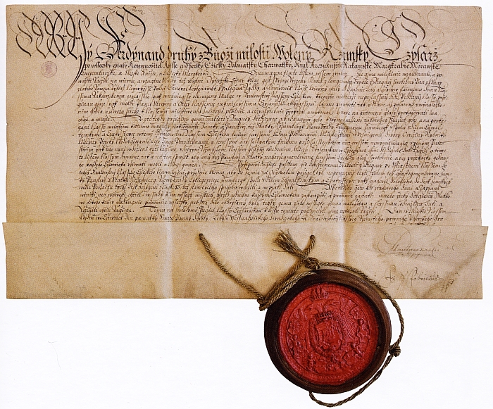 Listina císaře Ferdinanda II., kterou se Karlu Bonaventurovi Buquoyovi postupují panství Rožmberk, Nové Hrady a Libějovice a také statky Žumberk a Cuknštejn