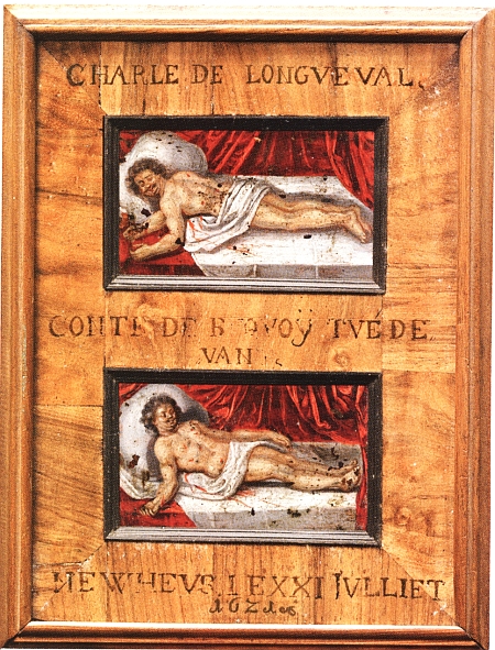 Mrtvola Karla Bonaventury, olej na dřevě z roku 1621 ze sbírek státního hradu Nové Hrady