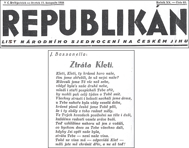 Báseň o Kleti při záhlaví listu Republikán ze 17. listopadu roku 1938