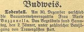 Zpráva o úmrtí jeho ženy v prosinci roku 1931 na stránkách českobudějovického německého listu