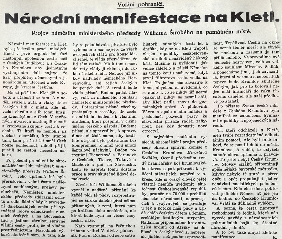 Článek komunistického listu Jihočeská pravda o "národní manifestaci" na Kleti 24. června 1945 s projevem náměstka ministerského předsedy, Slováka "Williama" Širokého a předsedy českokrumlovské správní komise Mirko Sedláka (1913-1981), který po únoru 1948 emigroval do Německa a zemřel v USA