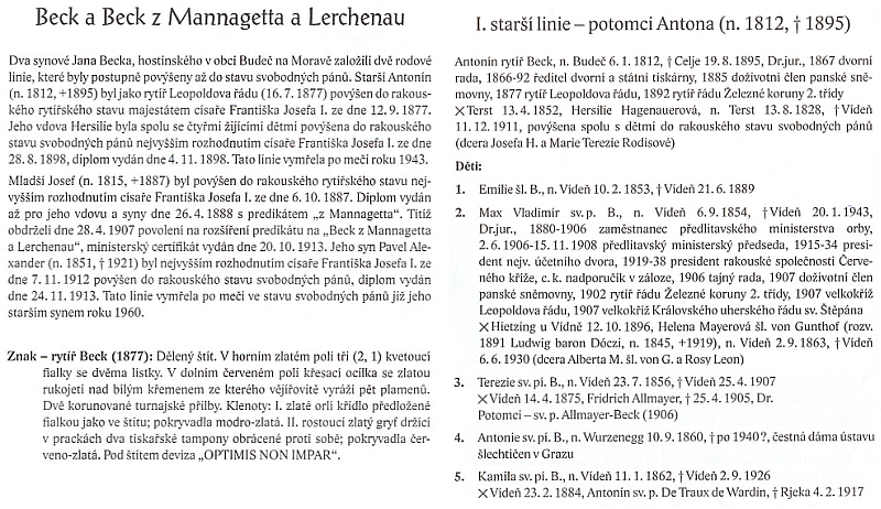 Údaje o Antonu Beckovi a popis znaku v Almanachu českých šlechtických a rytířských rodů