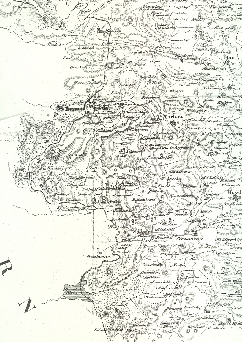 Tachovská část Českého lesa na mapě z počátku 19. století - Beerův rodný Schönwald (Lesná) najdeme přímo v jejím středu