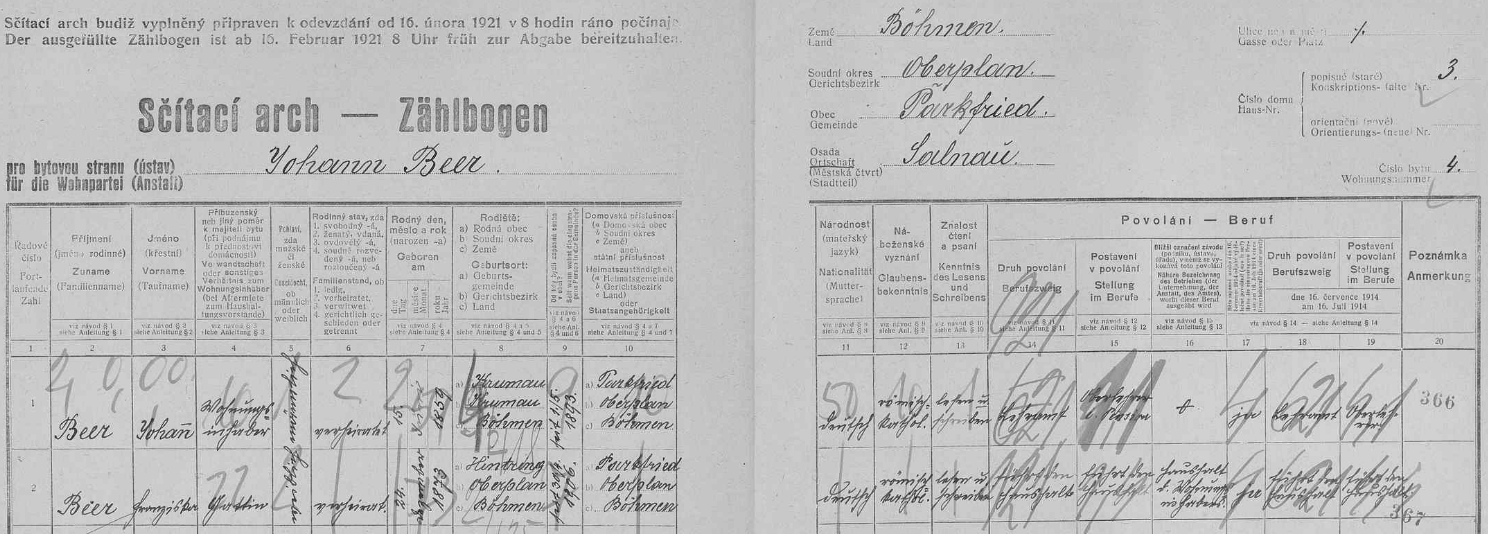 Arch sčítání lidu z roku 1921 pro byt č. 4 ve stavení čp. 3 v Želnavě, která byla tehdy osadou obce Bělá (Parkfried), s panem řídícím a jeho třetí ženou