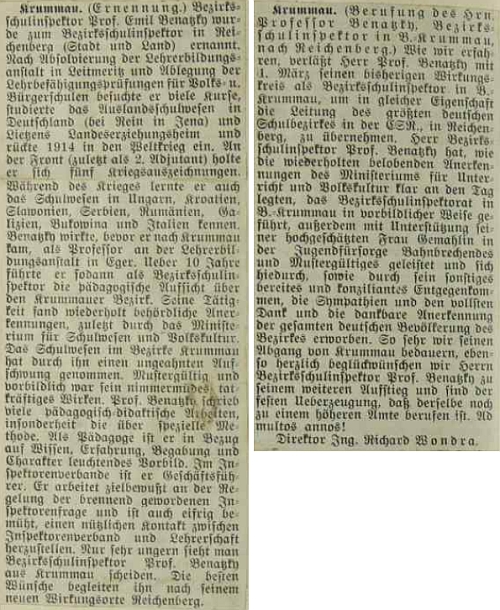 Výstřižky o něm a jeho přeložení na sever ve školní kronice obce Pernek roku 1935