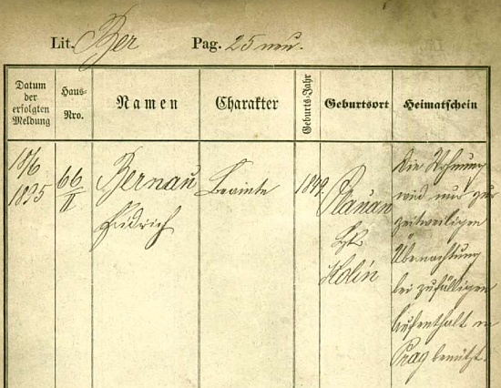 Jeho pobytová přednáška na pražském policejním ředitelství z roku 1895 uvádí postavení "Beamte", tj. úředník a vedle data a místa narození (1849 v Plaňanech, okr. Kolín) je doprovázena poznámkou, že byt je používán jen k občasnému přenocování při "nahodilém" pražském "zdržení"