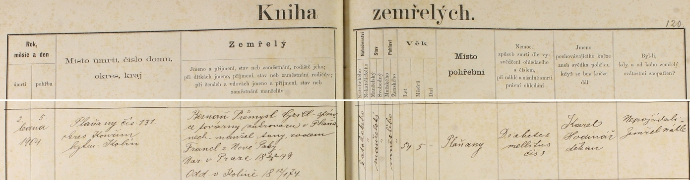 Záznam o úmrtí a pohřbu v plaňanské knize zemřelých