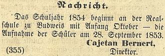 Takto oznamoval v tisku zahájení školního roku 1853/54