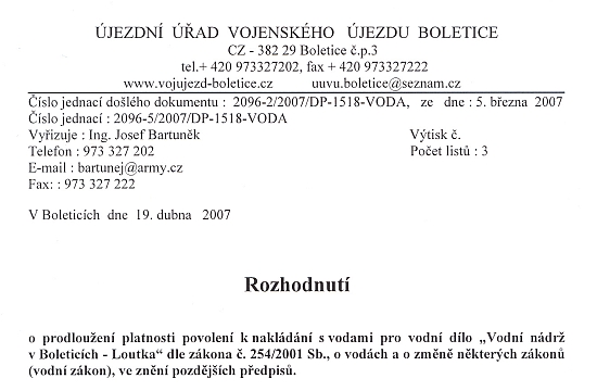 Část armádního dokumentu o loutecké nádrži z března 2007