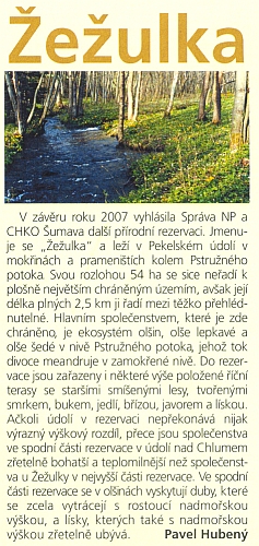 Zpráva o vyhlášení přírodní rezervace "Žežulka" v jarním čísle čtvrtletníku NP Šumava roku 2008