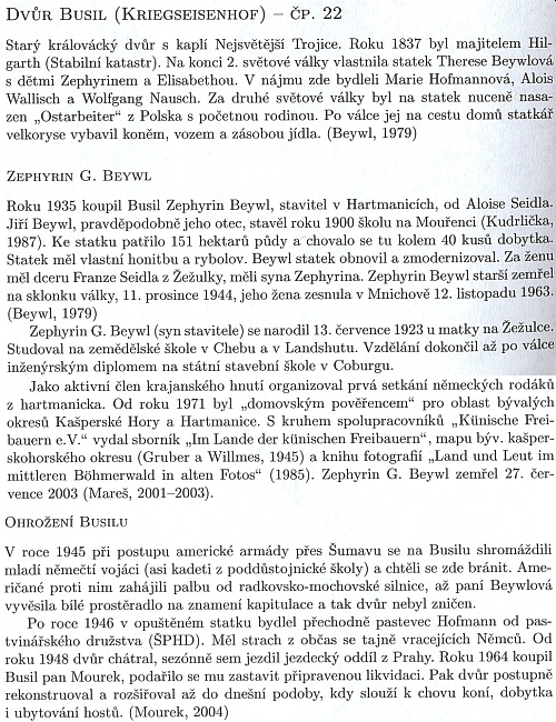 O dvoru Busil a rodině Beywlových i s připomínkou Kohoutího kříže jako pramene informací