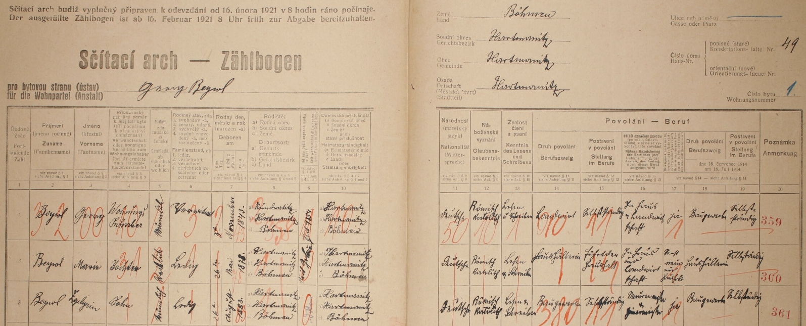 Arch sčítání lidu z roku 1921 pro dům čp. 49 v Hartmanicích, kde tehdy žil dva roky před synovým narozením jeho dosud svobodný otec Zephyrin Bejwl "starší"