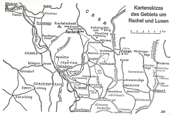 Mapka území kolem Roklanu a Luzného z jeho knihy, jejímž autorem je Joachim Walossek