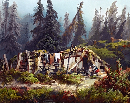 Chatrč v lese pod Roklanem (Ze Šumavy) na stejnojmenném obraze Josefa Navrátila
(1798-1865) ze sbírek Národní galerie v Praze