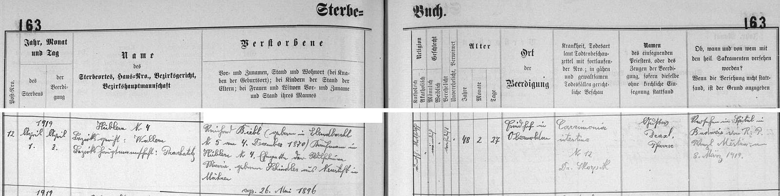 Záznam o úmrtí otcově ve věku 48 let 1. dubna 1919 v Houžné a pohřbu dva dny nato v Horní Vltavici