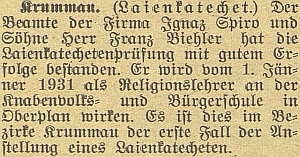 Zpráva českobudějovického německého listu o jeho umístění jako laického katechety v Horní Plané