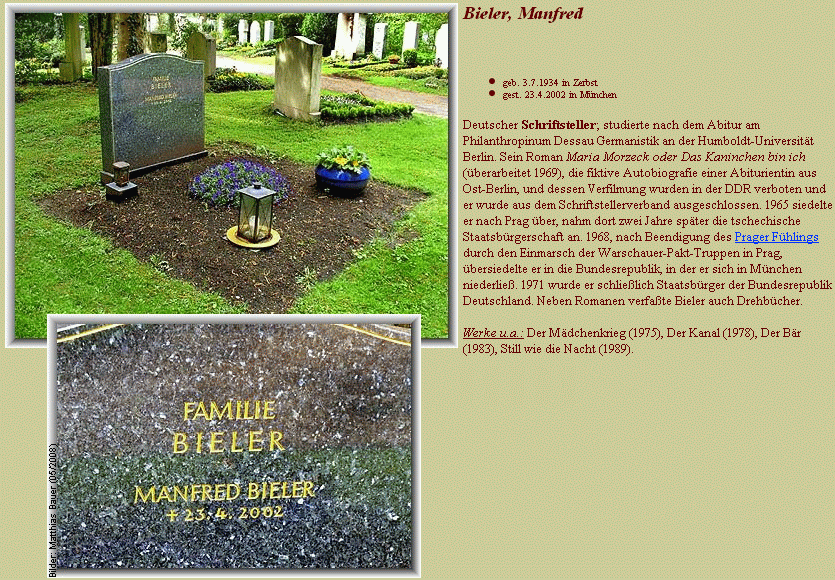 Jeho hrob na hřbitově mnichovské městské části Obermenzing - modře zvýrazněnému odkazu na "pražské jaro", po jehož potlačení sovětskými tanky v srpnu 1968 se Bieler rozhodl odejít na Západ (usadil se v Mnichově), chybí ovšem v připojeném textu "r" právě v německém slově pro to často spíše klamně nadějné období roku