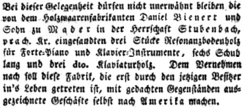 "Encyklopedický časopis pro vzdělané čtenáře", jak se ve svém podtitulu německy samo označuje periodikum "Hesperus", přináší roku 1831 tuto referenci o modravské firmě na rezonanční dřevo, označované tu však kupodivu "Daniel Bienert und Sohn"