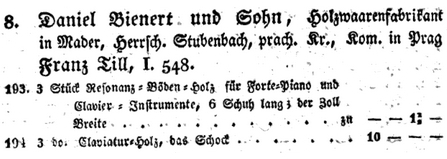 "Encyklopedický časopis pro vzdělané čtenáře", jak se ve svém podtitulu německy samo označuje periodikum "Hesperus", přináší roku 1831 tuto referenci o modravské firmě na rezonanční dřevo, označované tu však kupodivu "Daniel Bienert und Sohn"