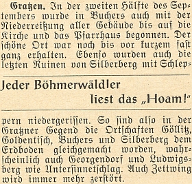 Zpráva z krajanského měsíčníku hovoří v roce 1955 o tom, že ve druhé půli září toho roku bylo započato s bouráním všech budov v obci kromě kostela a fary, ačkoli byly v té době ještě vesměs docela zachovány - srovnány se zemí byly podle této informace i vsi Jedlice, Zlatá Ktiš, Stříbrné Hutě, Jiřice, Ludvické Hory a Dolní Příbrání