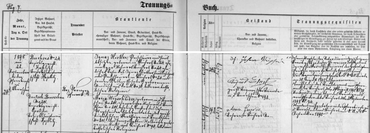 Záznam oddací matriky farní obce Německý Benešov o svatbě Ignaze Hietlera 22. září 1898
