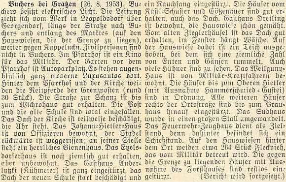 Zpráva ve vánočním čísle krajanského měsíčníku z roku 1953, kterou nepsal on, informuje s datem 26. 8. 1953 o zavedení elektrického proudu do Pohoří a o stavu budov v obci, obývané teď už jen vojskem