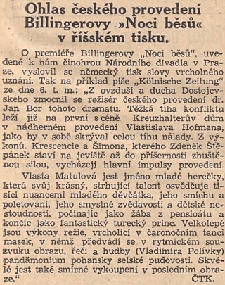 Takto psaly o uvedení jeho "Noci běsů" v Národním divadle v zrcadle "říšského tisku" protektorátní Národní listy