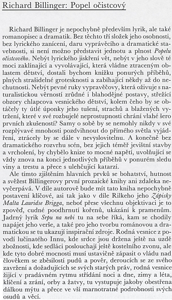 Recenze českého vydání Billingerovy prózy, kterou do oznamovatele edice Atlantis z jara 1940 napsal sám její překladatel, básník Jan Zahradníček