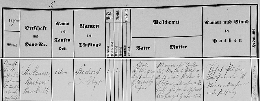 Záznam o jeho narození v křestní matrice hornorakouské farní obce Sankt Marienkirchen bei Schärding