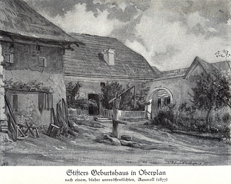 Stifterův rodný dům v Horní Plané na reprodukci akvarelu z roku 1877, zveřejněné v jeho knize údajně poprvé