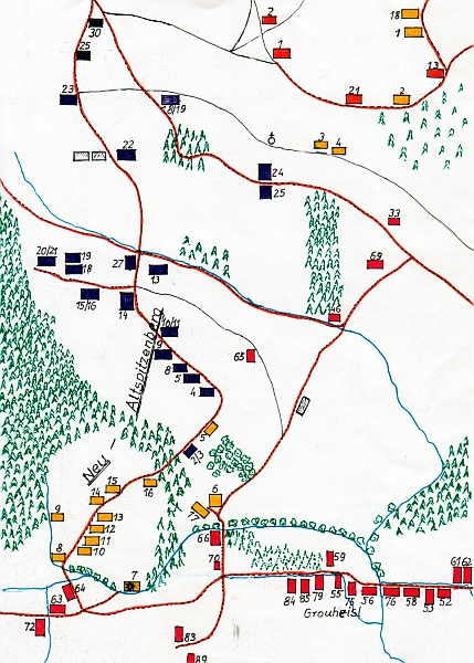 Barevný plánek Nového Špičáku (žlutě), Starého Špičáku (tmavomodře) a části Jablonce (červeně)